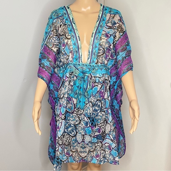 None Other - Vibrant Blue Turquoise and Purple Sheer Women's Swim Cover-Up Fits M/L